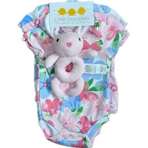 Little Chickadees Baby Girl Set of 3 Easter/Spring Onesies w/Matching Rattle